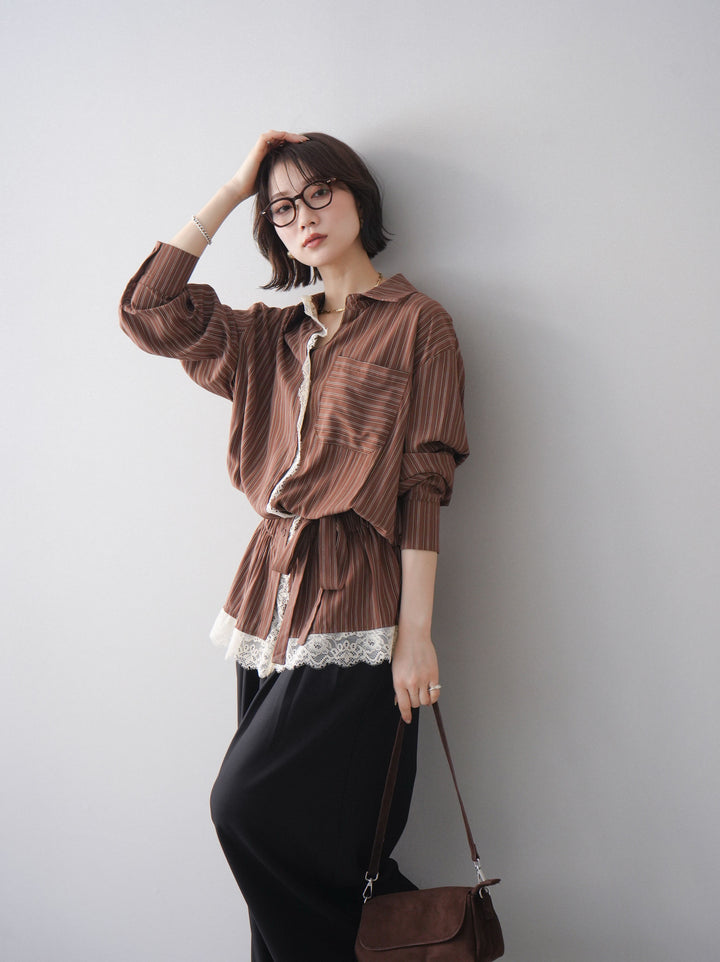 [予約]レース付ストライプウエストギャザーシャツ/brown