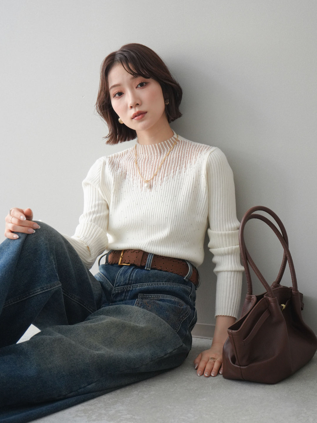 [SET]シアー切替スパンコールリブニットトップス+ベルト付ポケット刺繍カーブデニムパンツ(2set)