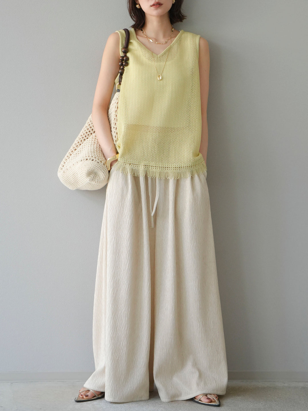 [予約]裾フリンジVネックニットタンクトップアンサンブル/イエロー
