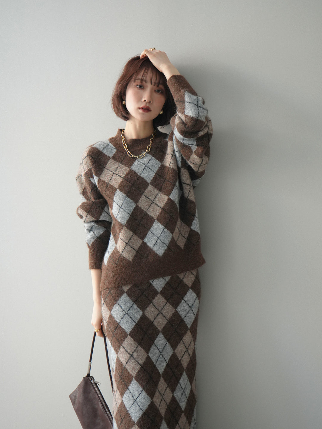 [SET]アーガイルニットプルオーバー&ロングスカートSET UP+選べるアクセセット(2set)