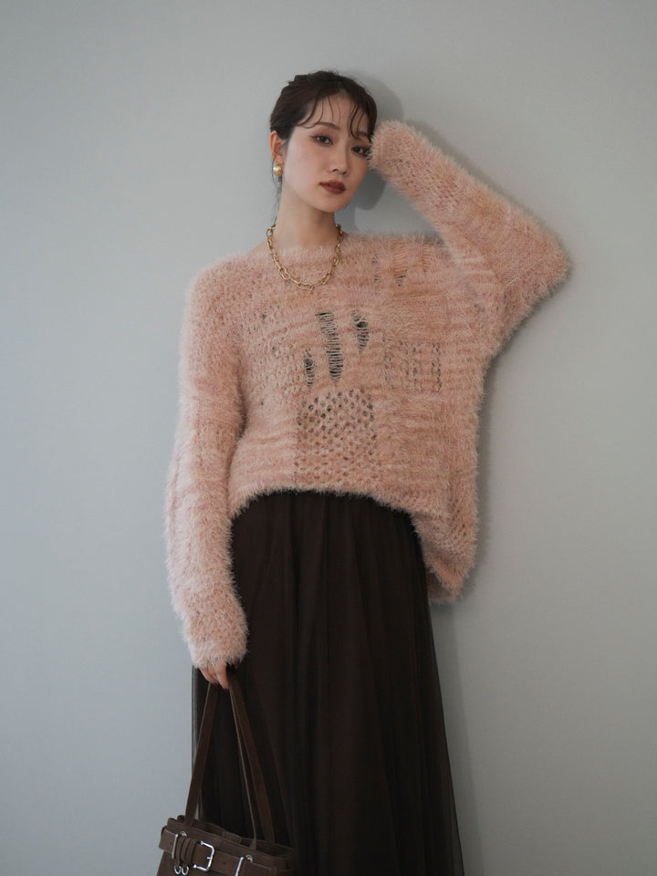 [予約]ミックスシャギールーズニットプルオーバー/pink