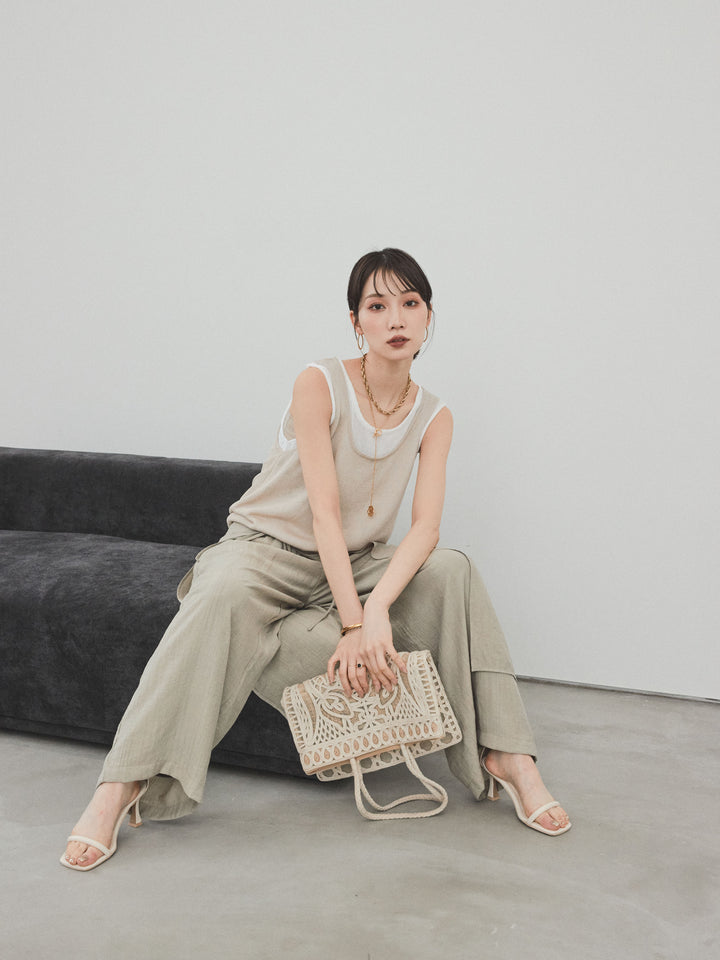 [SET]バイカラーレイヤードニットタンクトップ+ワッシャーサテンレイヤードスカートパンツ(2set)