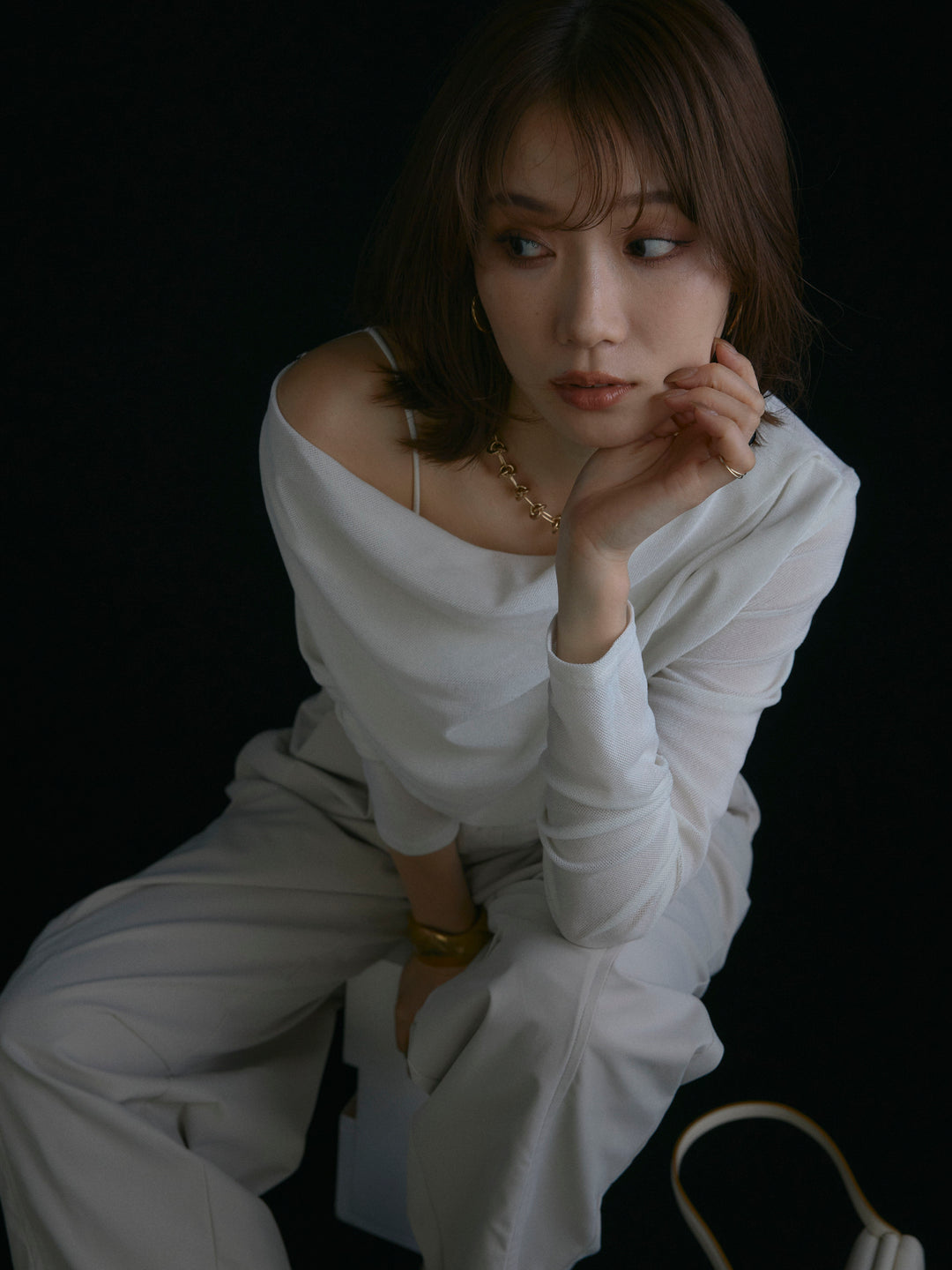 【Allure】[SET]シアーベロアタックデザイントップス+タフタワイドカーブパンツ(2set)