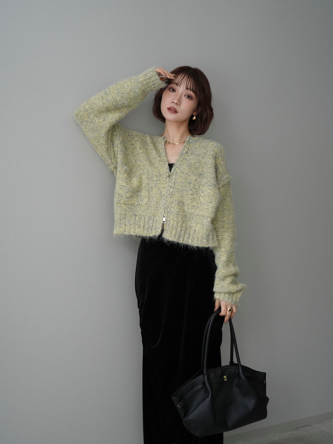 [SET]ミックスヤーンダブルZIPニットカーディガン+選べるアクセセット(2set)