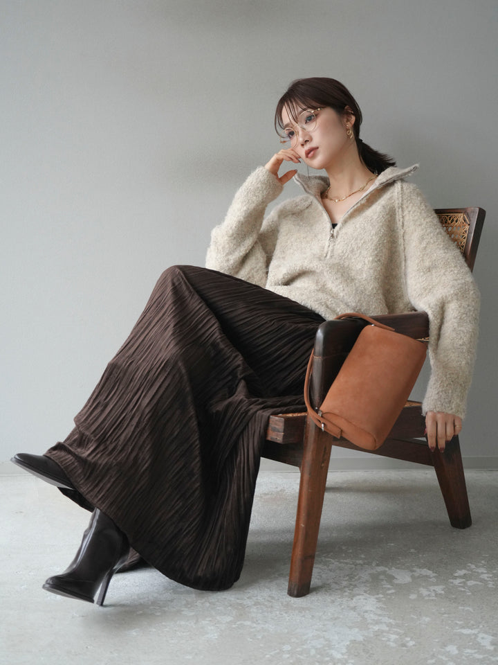 [予約]スタンドジップMIXブークレニットプルオーバー/beige