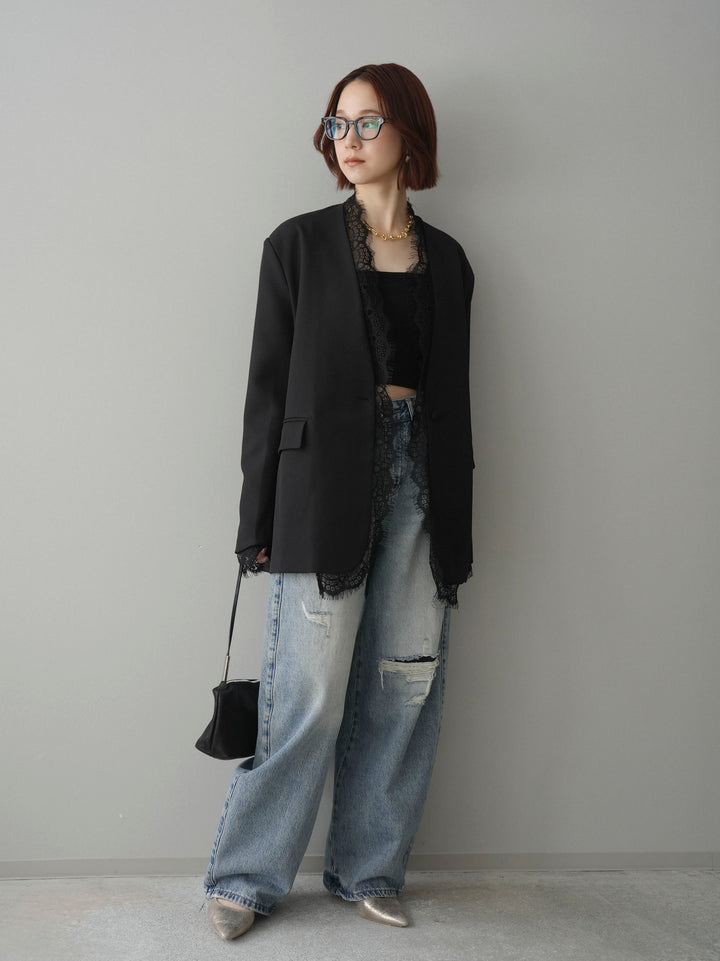 [SET]ノーカラーレースジャケット+カップ付テレコリブベアキャミソール+ダメージデニムセミワイドパンツ(3set)