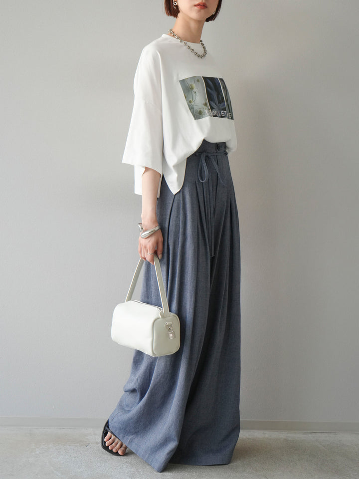 【預購】仿亞麻雙褶設計寬褲/藏青色