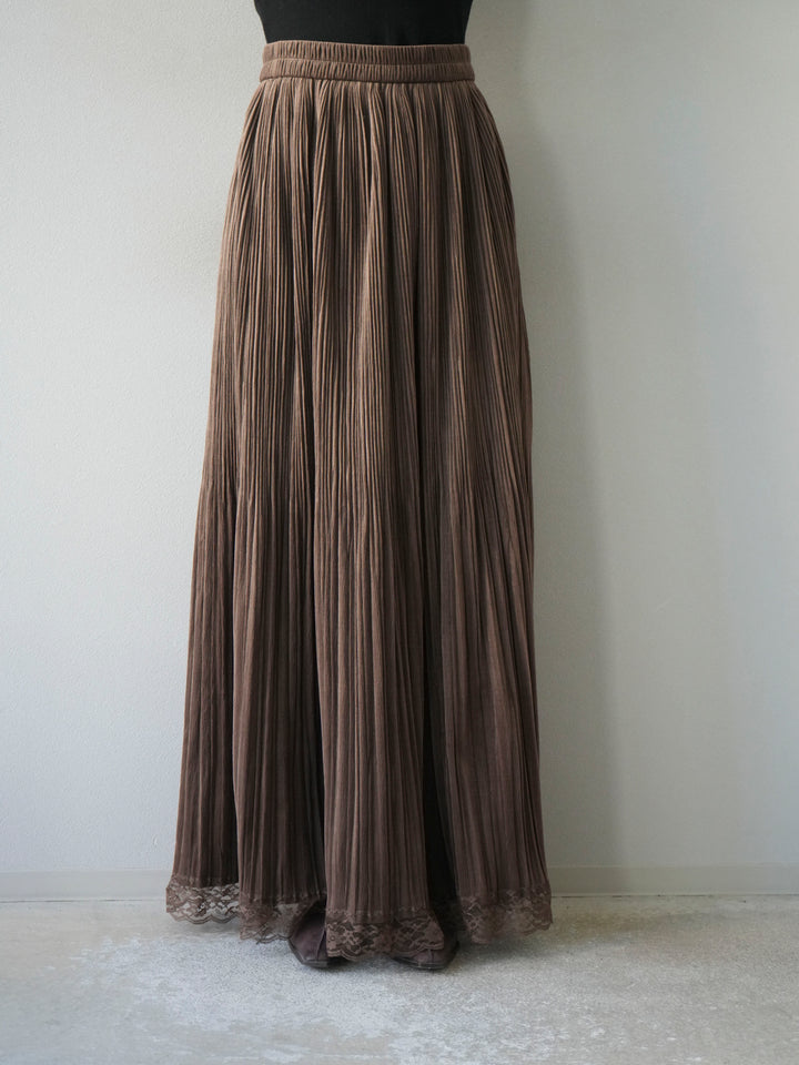 【預購】蕾絲襯裡麂皮褶皺長裙/棕色