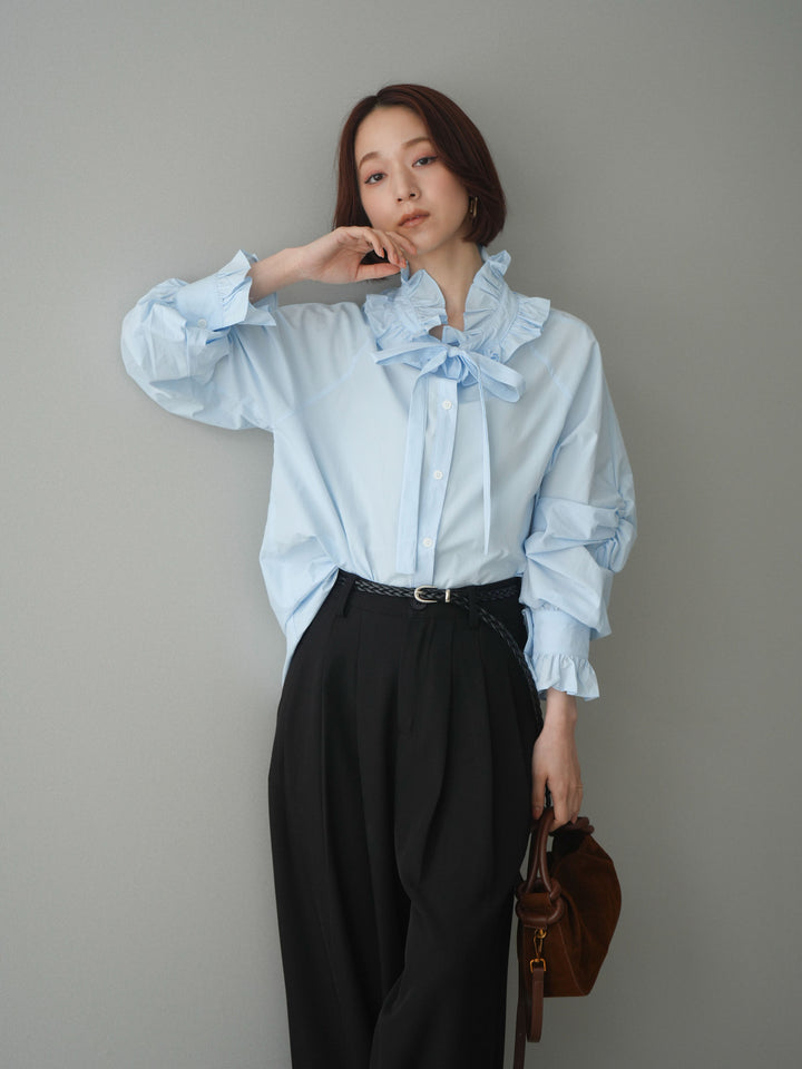 [予約]フリルネックギャザーブラウス/blue