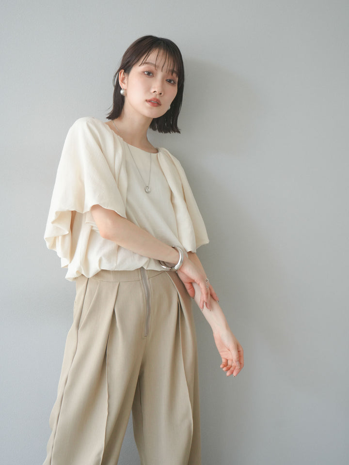 [SET] 燈籠袖褶襉設計上衣 + 拉鍊褶襉寬褲 (2 套)