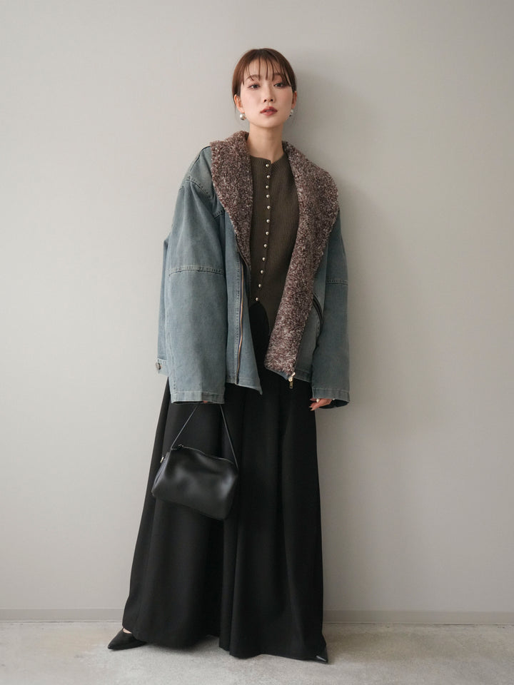 [SET]ミックスボアデニムジャケット+テープベルトタックバギーパンツ(2set)