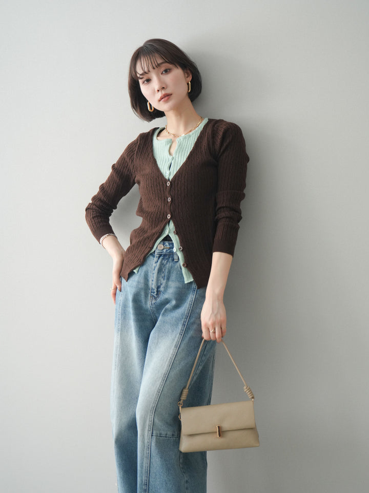 [予約]バイカラーレイヤードニットカーディガン/brown