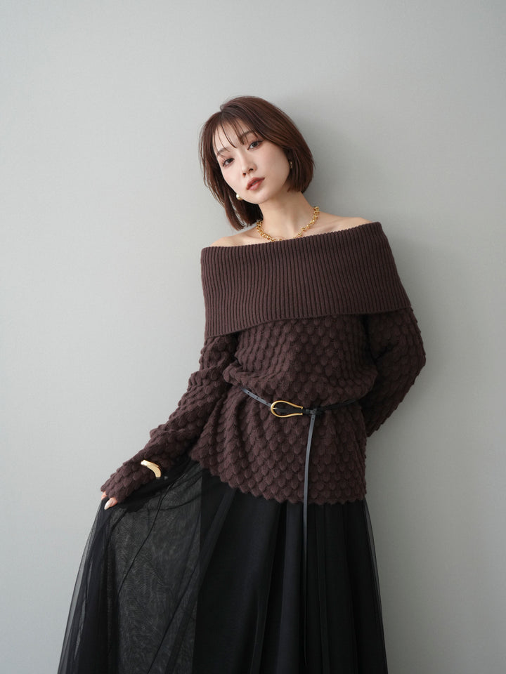 [予約]ポコポコ編みオフショルニットプルオーバー/brown