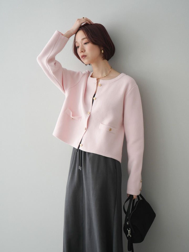[予約]ゴールドボタンノーカラーニットジャケット/pink