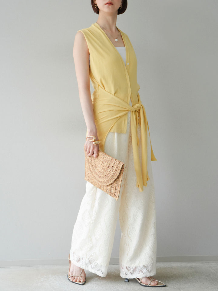 [SET]腰巻きデザインノースリーブニットカーディガン+レースタックイージーパンツ(2set)