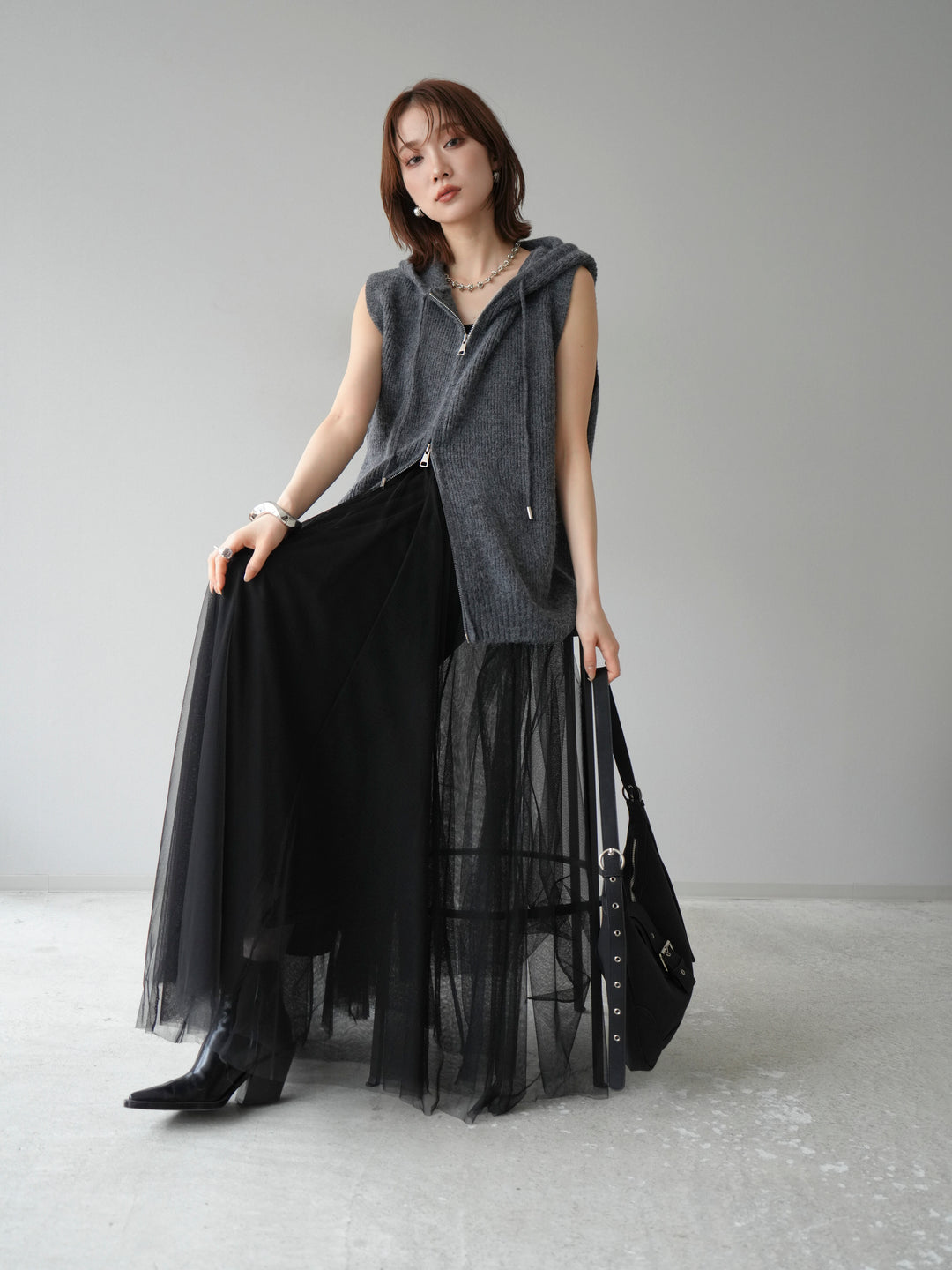 [予約]ノースリーブニットパーカー/グレー