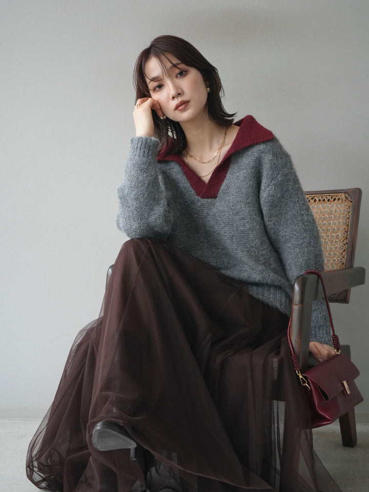 [予約]バイカラー襟付きニットプルオーバー/gray