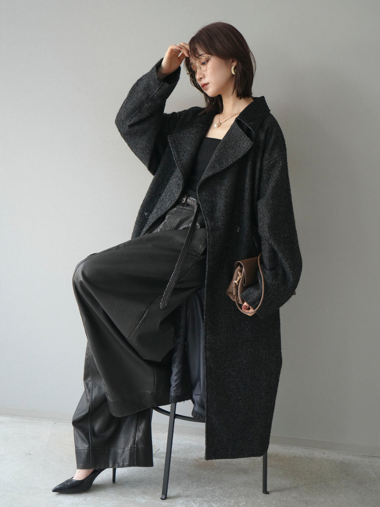 予約]ネップヘリンボーンレザー襟チェスターコート/black – Lumier