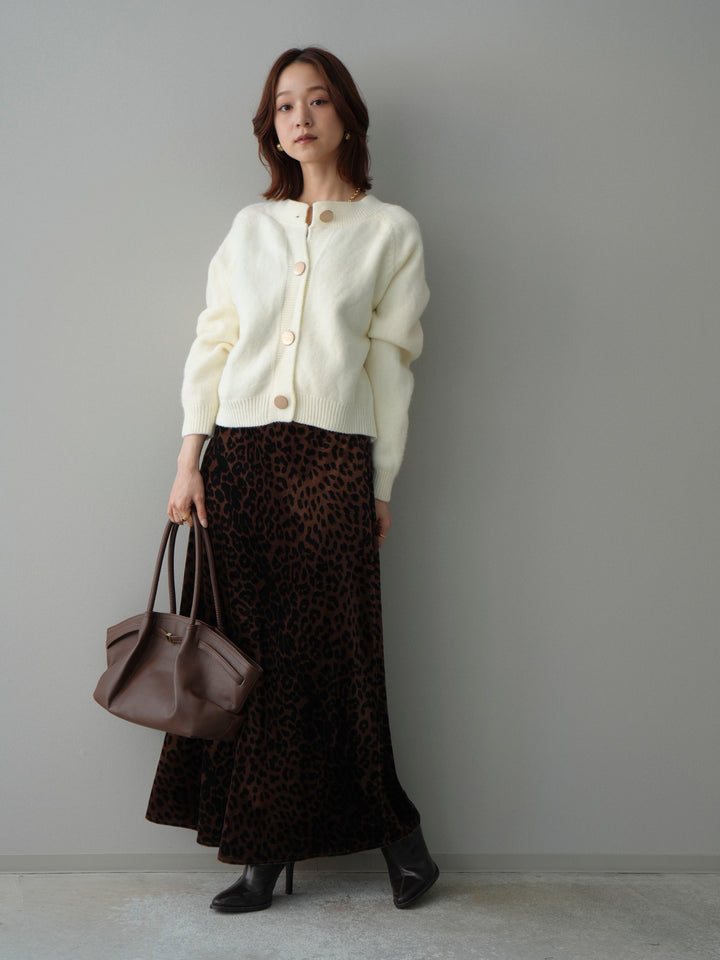 [SET]BIGボタンニットカーディガン+レオパードベロアナロースカート(2set)