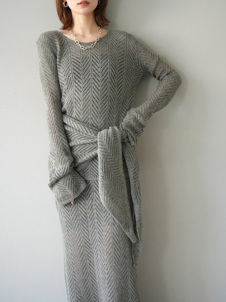 [予約]透かし編みニットトップス/グレー