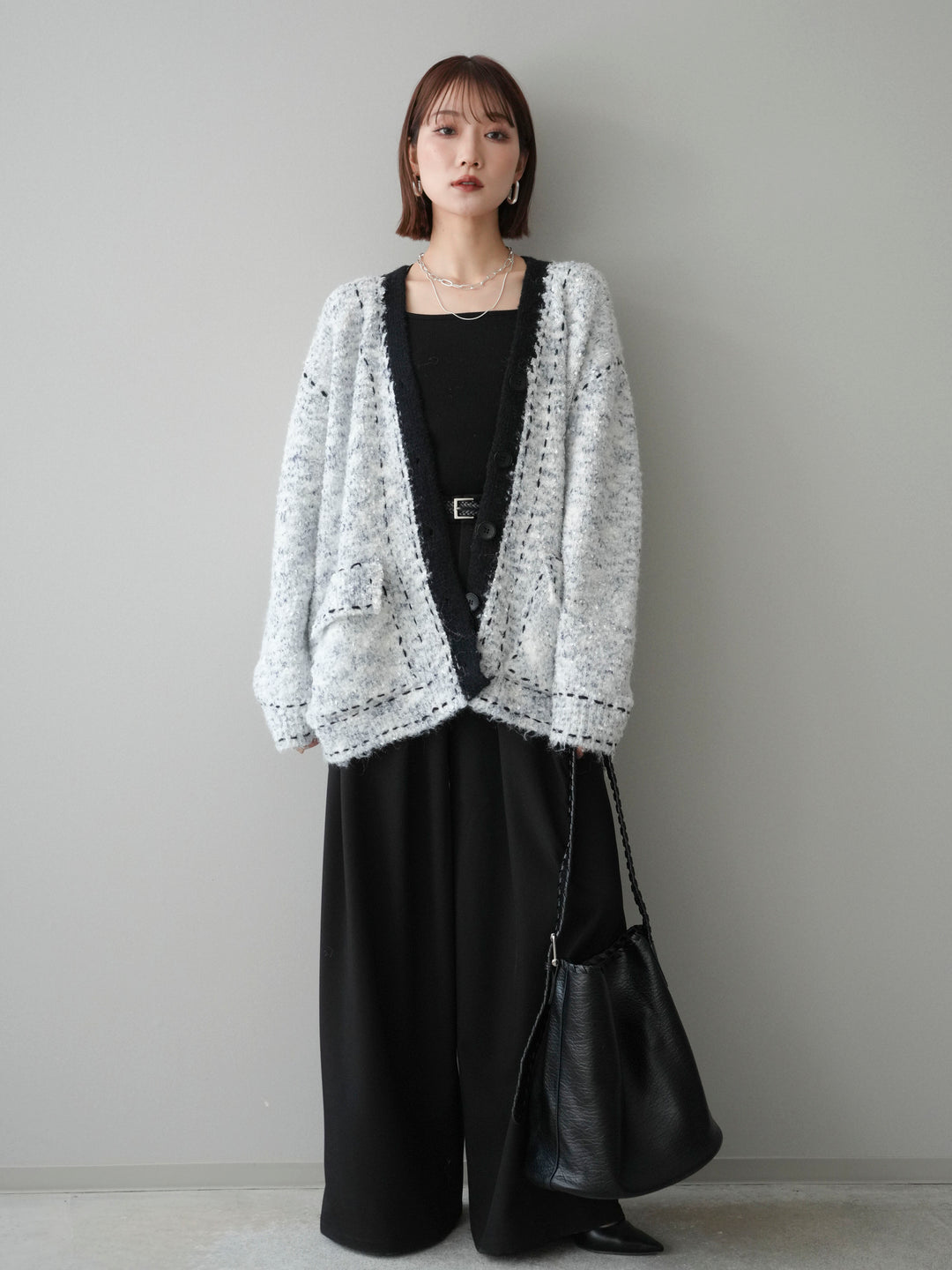 [予約]ブークレハンドステッチニットカーディガン/gray