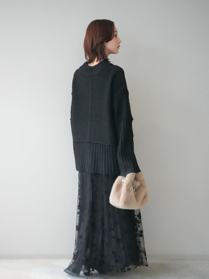 [SET]編み地切替ボトルネックニットプルオーバー+フラワーフロッキーチュールプリーツスカート(2set)