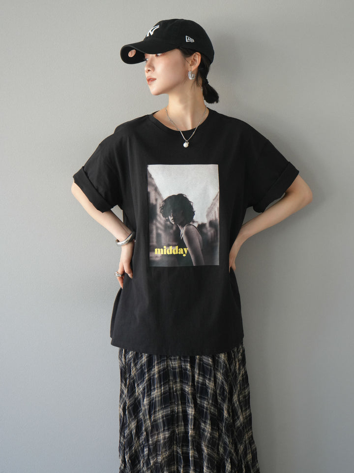 [SET]ネオンロゴフォトプリントBIG Tシャツ+シアーチェックアシンメトリーワッシャースカート(2set)