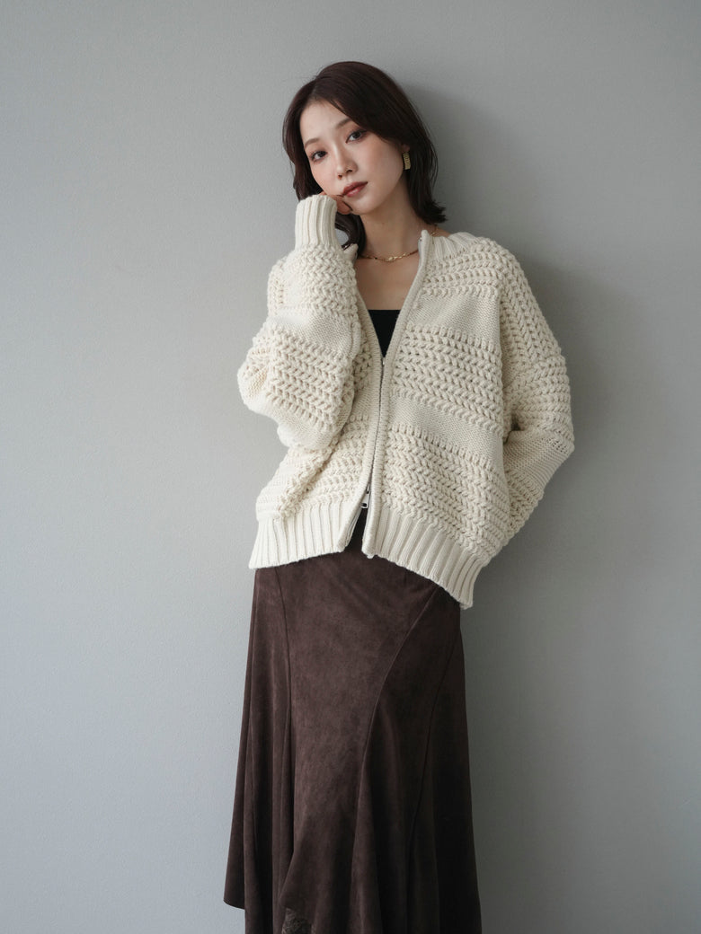 予約]ケーブル編みZIPニットカーディガン/ivory – Lumier 