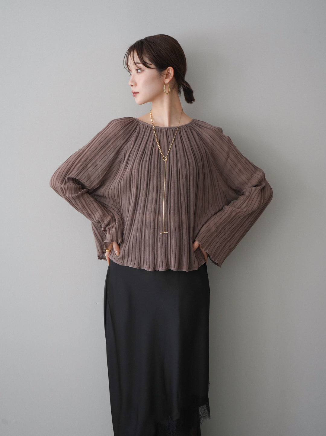 [SET]プリーツシアーフレアスリーブニットトップス+プリーツシアーフレアスリーブニットトップス(2set)