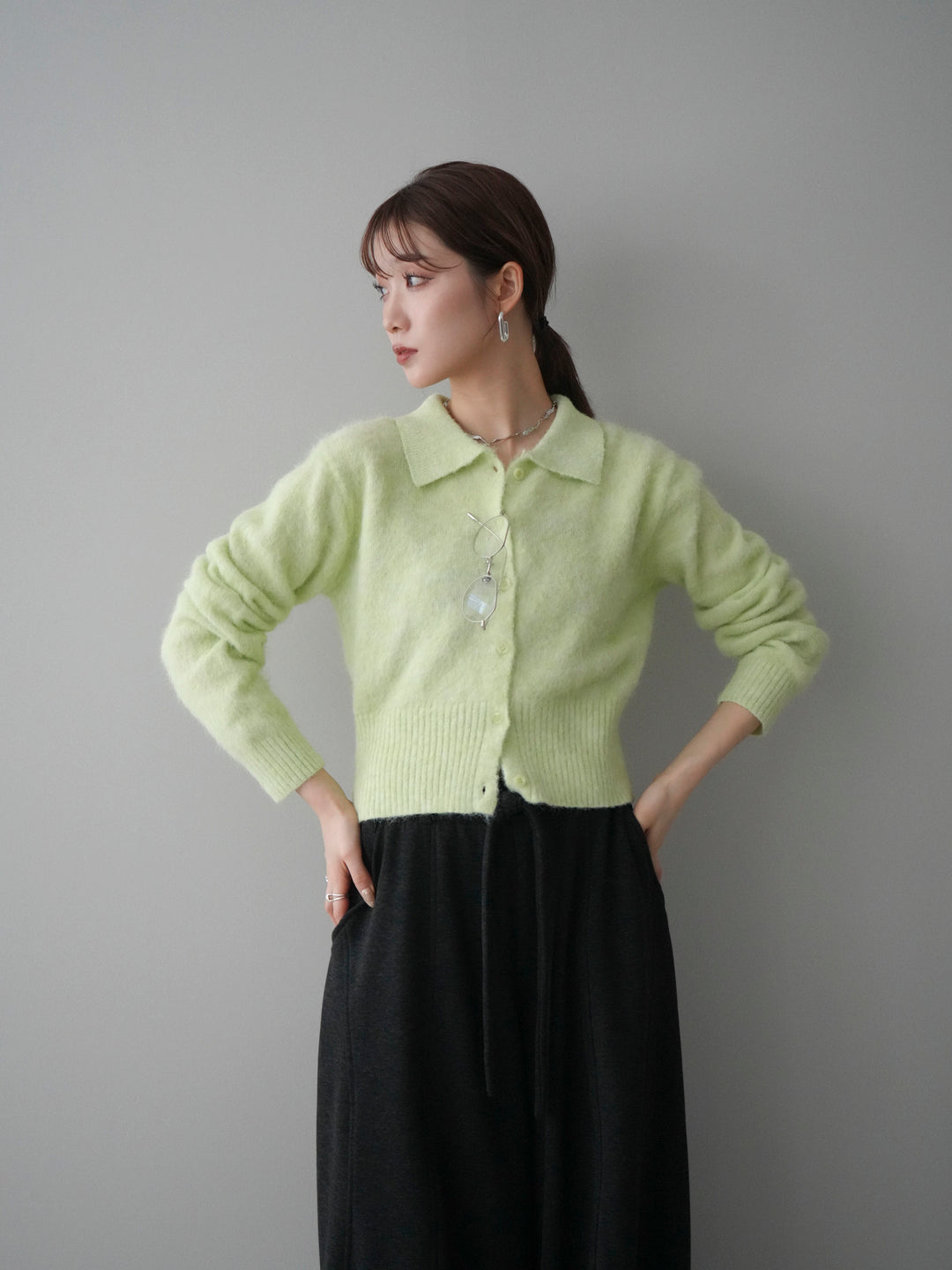 [予約]モヘア衿付きボタンプルオーバー/lime