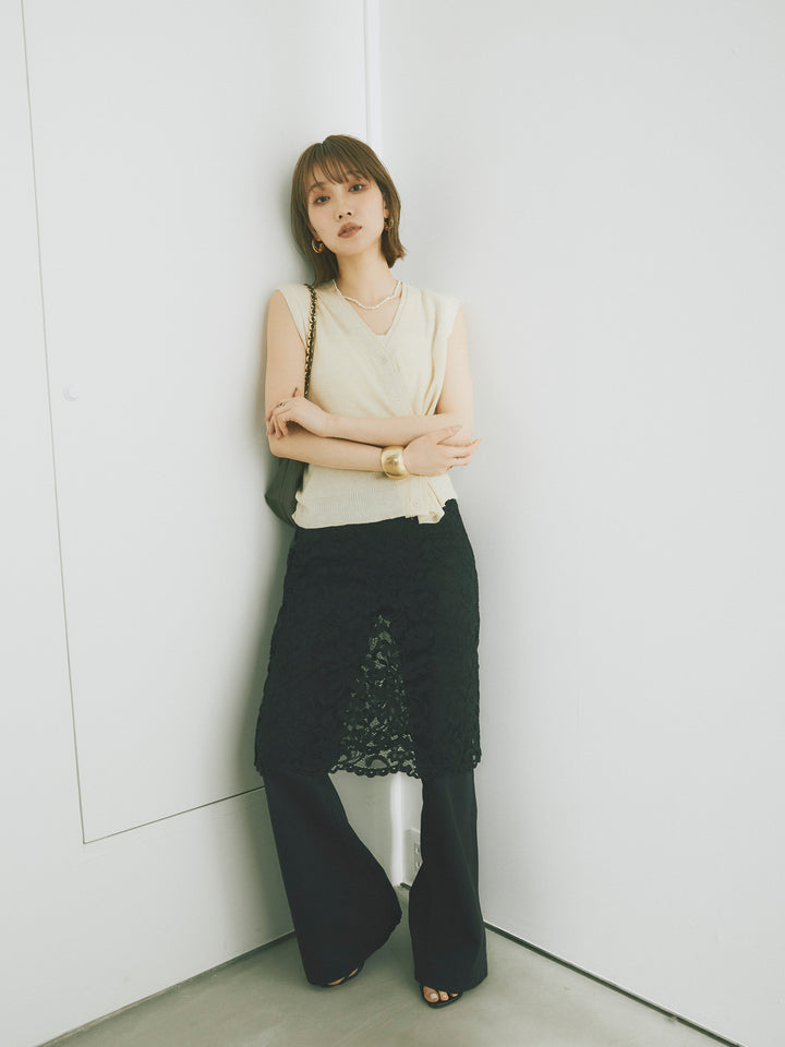 [SET]2WAYデザインニットベスト+レイヤードスカートセットフレアパンツ(2set)