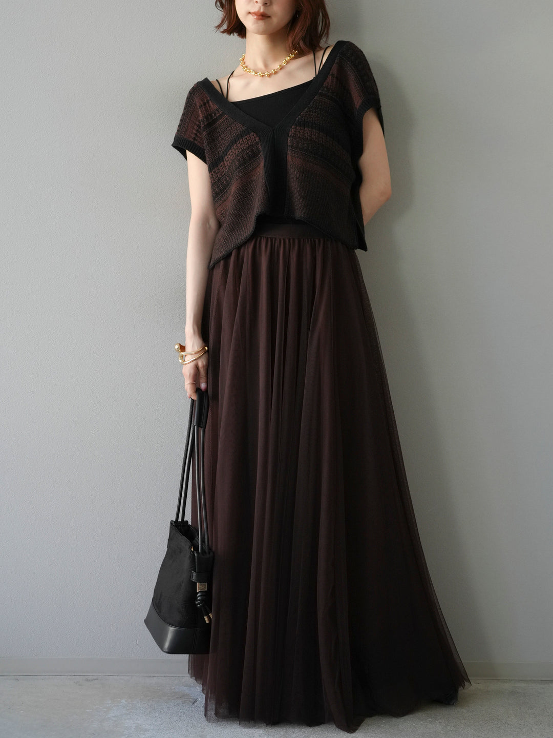 [予約]ガーター編み2WAYニットベスト/ブラウン×ブラック