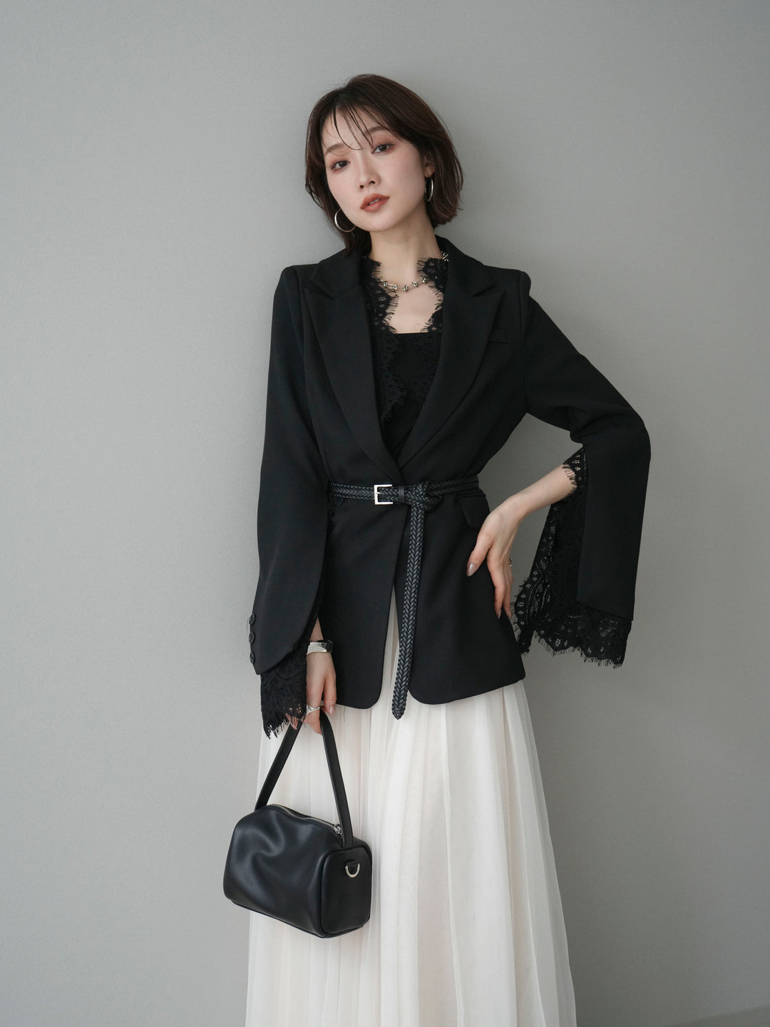 [予約]レースレイヤードスリットジャケット/black