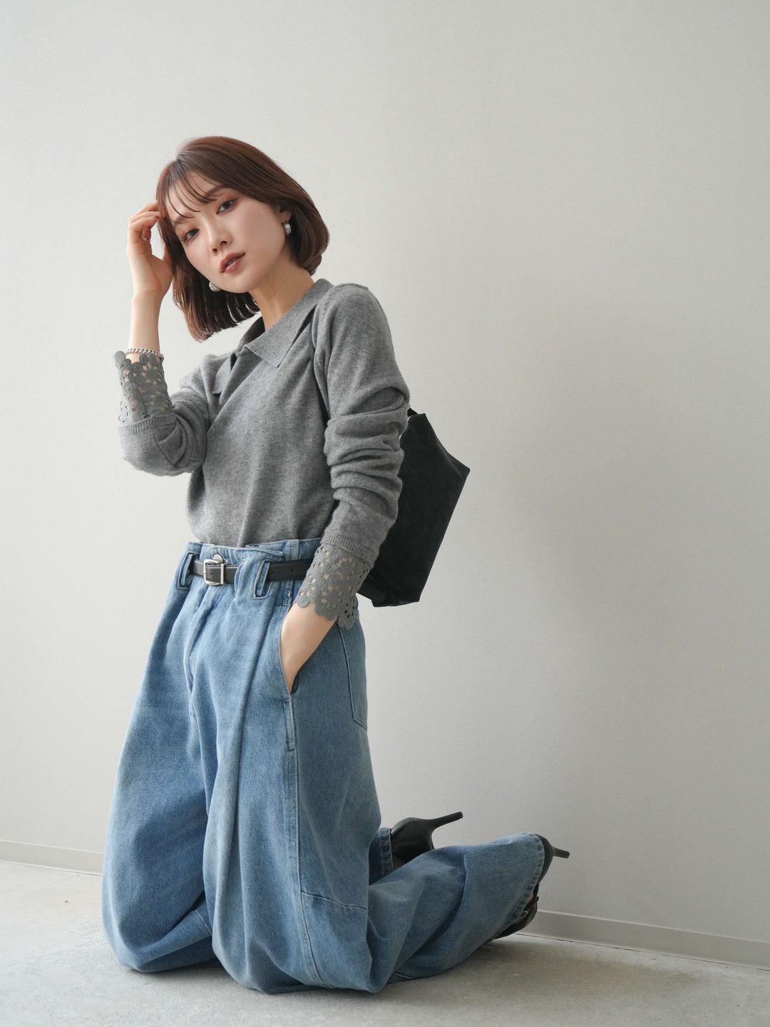 [SET]スカラップレース袖襟付きニットトップス+選べるアクセセット(2set)