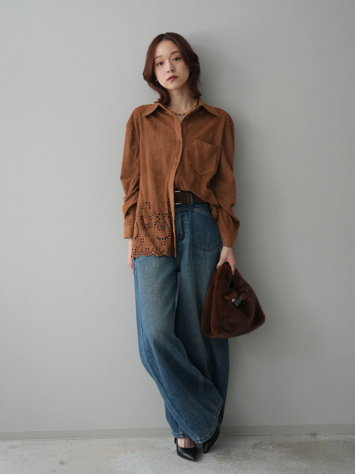 [SET]裾スカラップスエードシャツ+ベルト付裏起毛カーブデニムパンツ(2set)