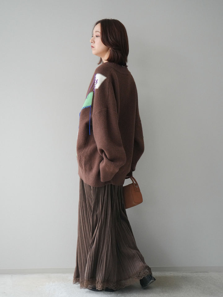 [SET]ハンドステッチアーガイルデザインニットカーディガン+裾レーススウェードプリーツマキシスカート(2set)