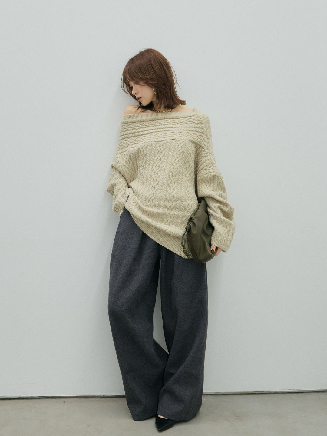 【Allure】[SET]ケーブルワンショルニットプルオーバー+ループデザインツイルワイドパンツ(2set)