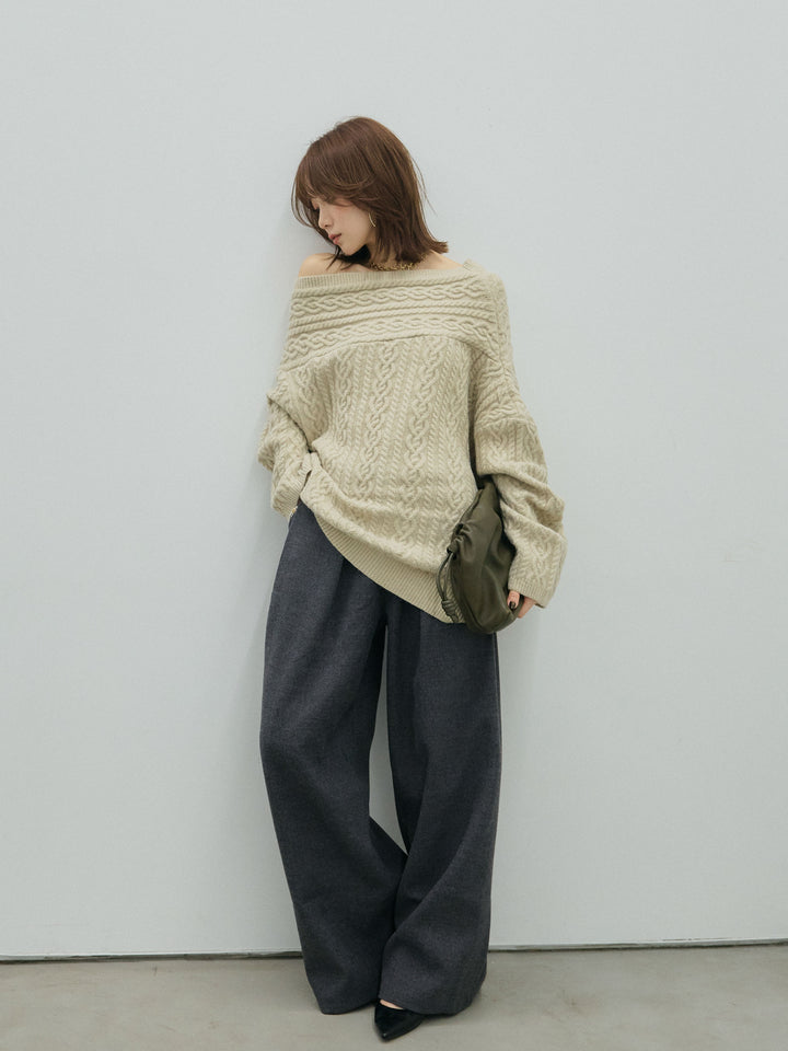 【Allure】[SET]ケーブルワンショルニットプルオーバー+ループデザインツイルワイドパンツ(2set)