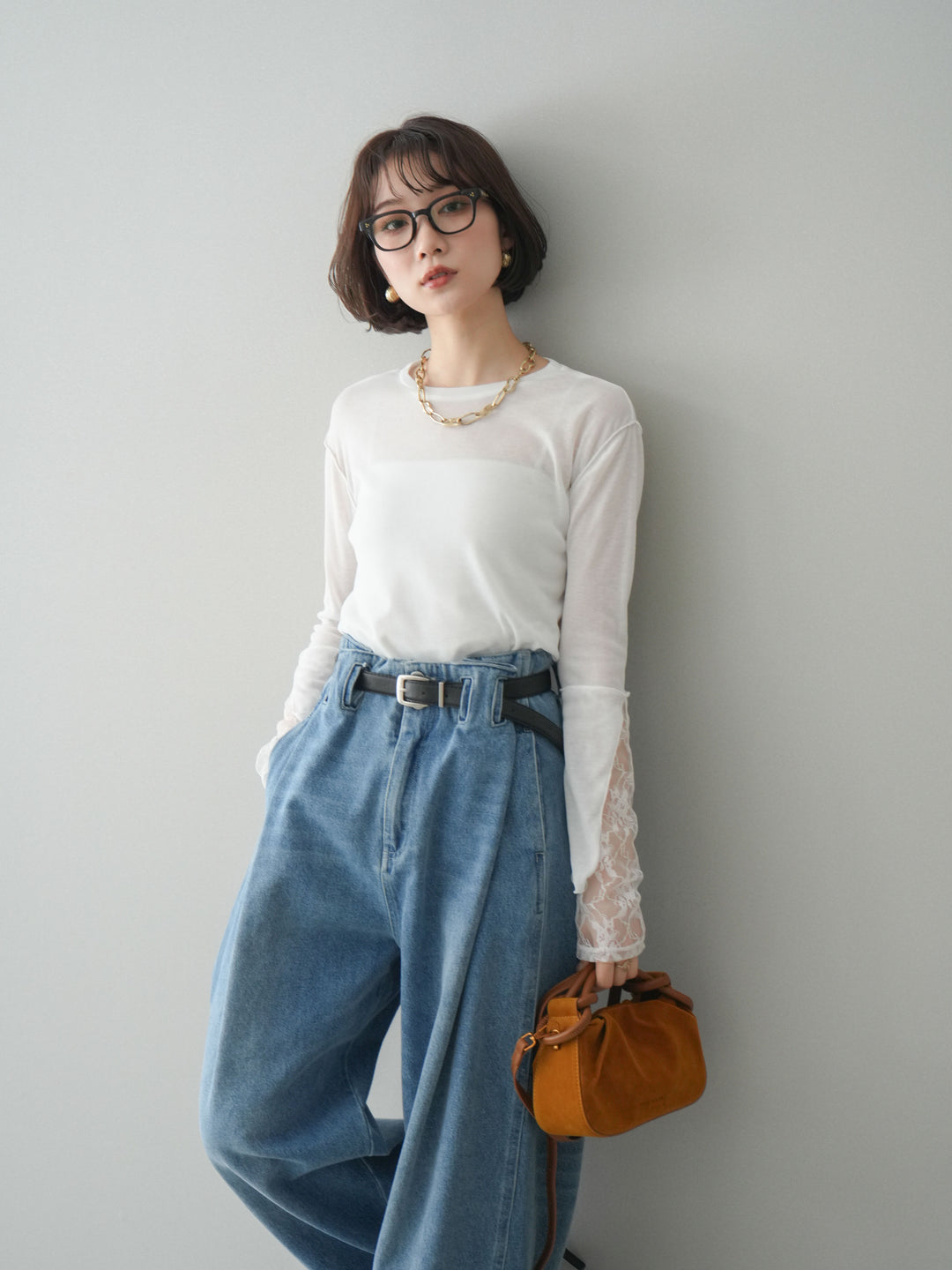 [SET]袖レースレイヤードデザインメロートップス+選べるアクセセット(2set)