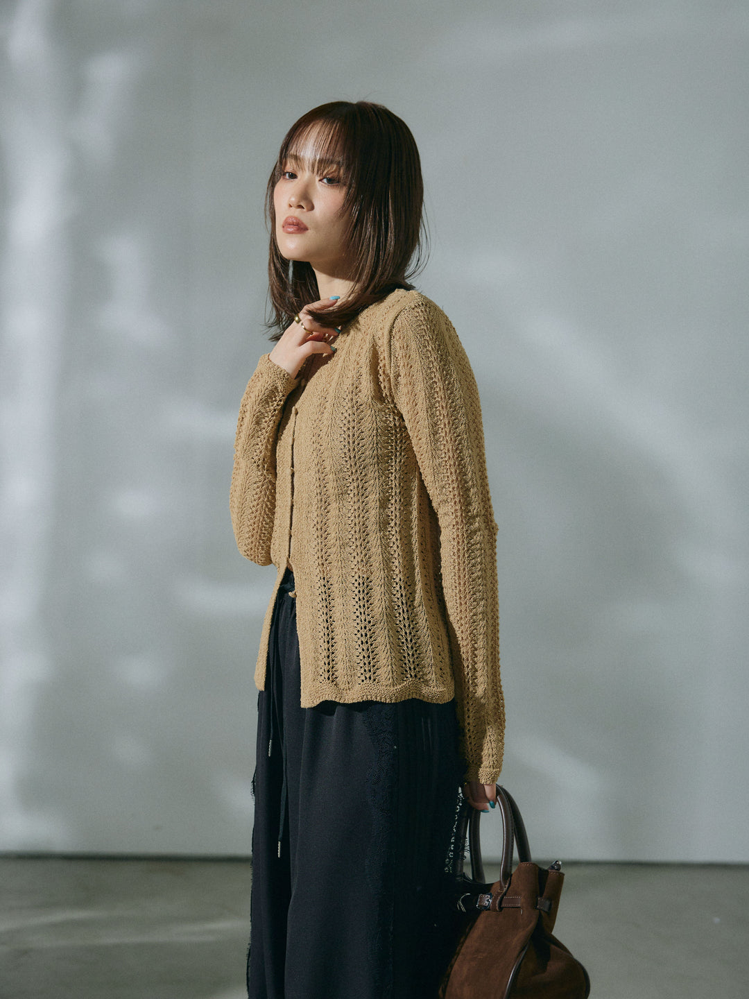 [予約]透かし編みニットカーディガントップス/beige