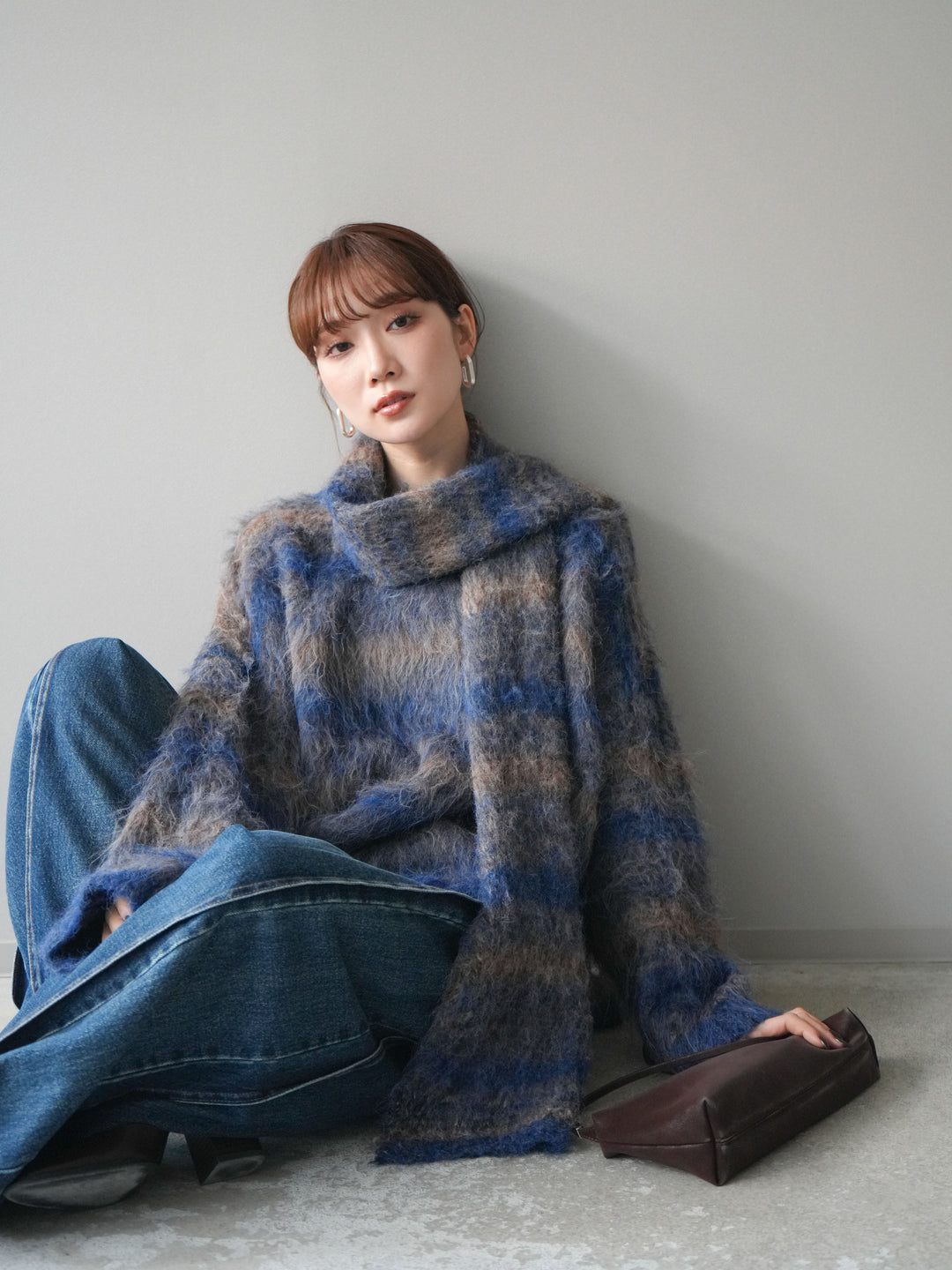 [予約]ストール付シャギーマルチボーダーニットプルオーバー/blue