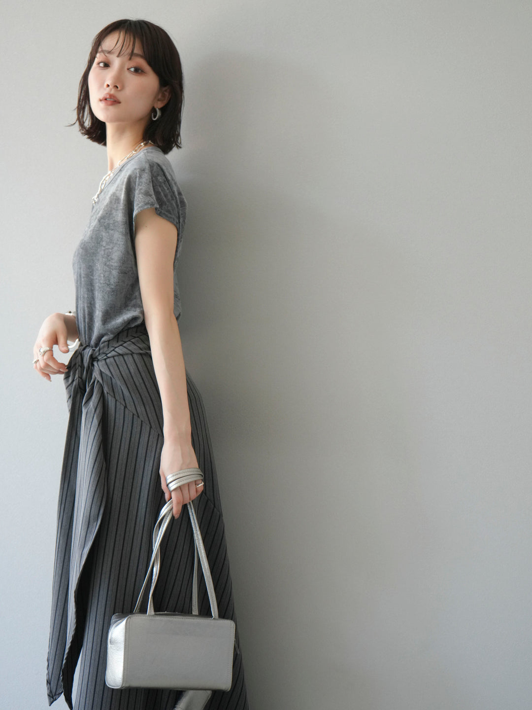 [SET]シアーベロアプルオーバー+サイド巻きツイルスカート(2set)