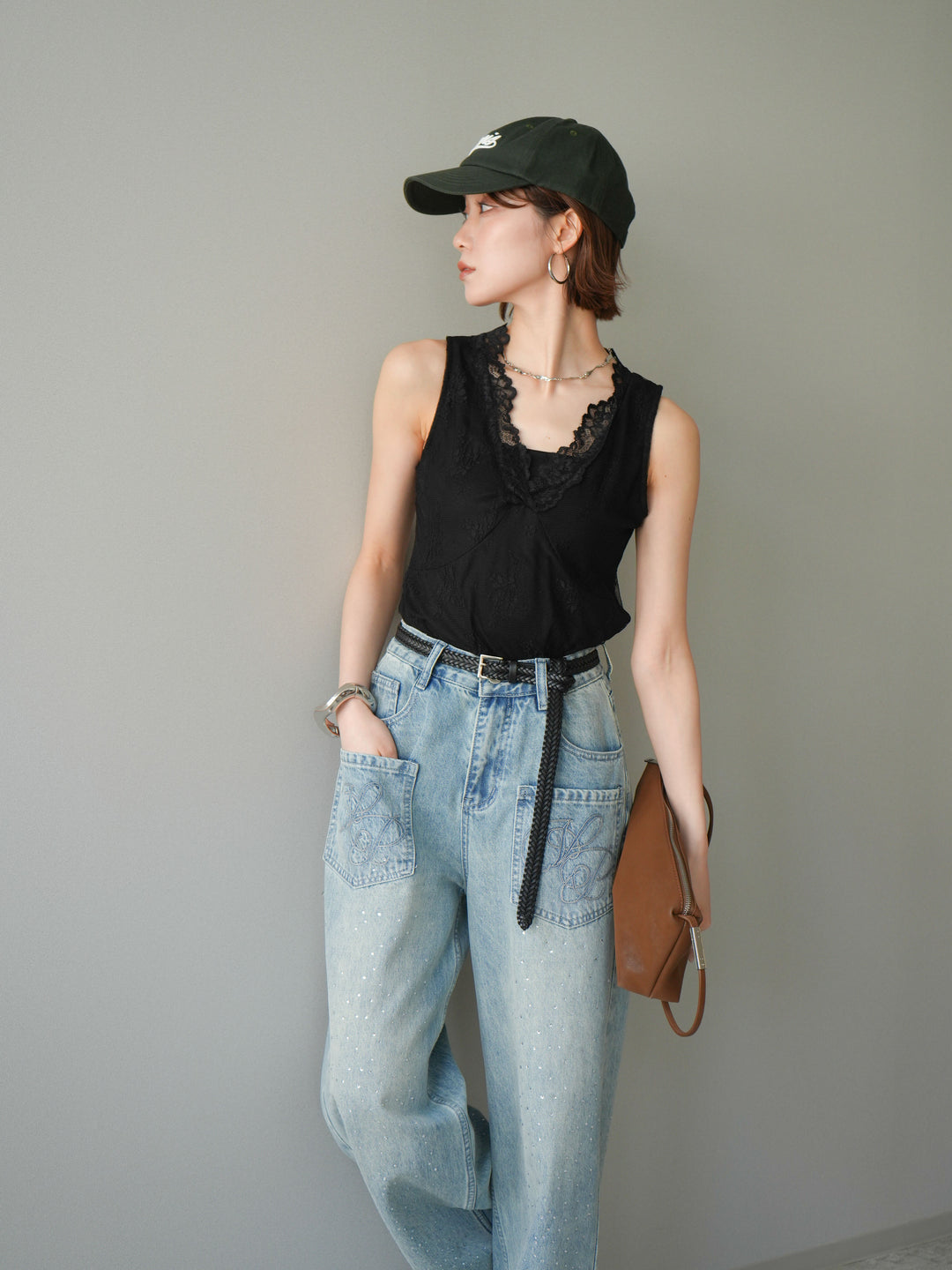 [予約]シアーストレッチレースノースリーブトップス/black