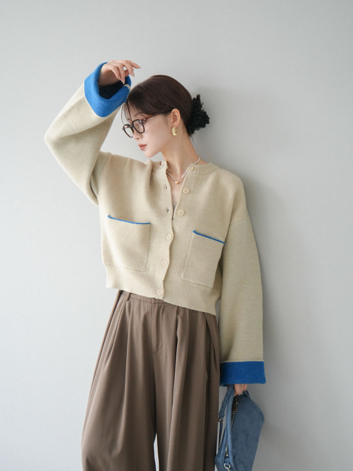 【SET】雙色針織開襟衫+褶襉設計寬褲（2套）