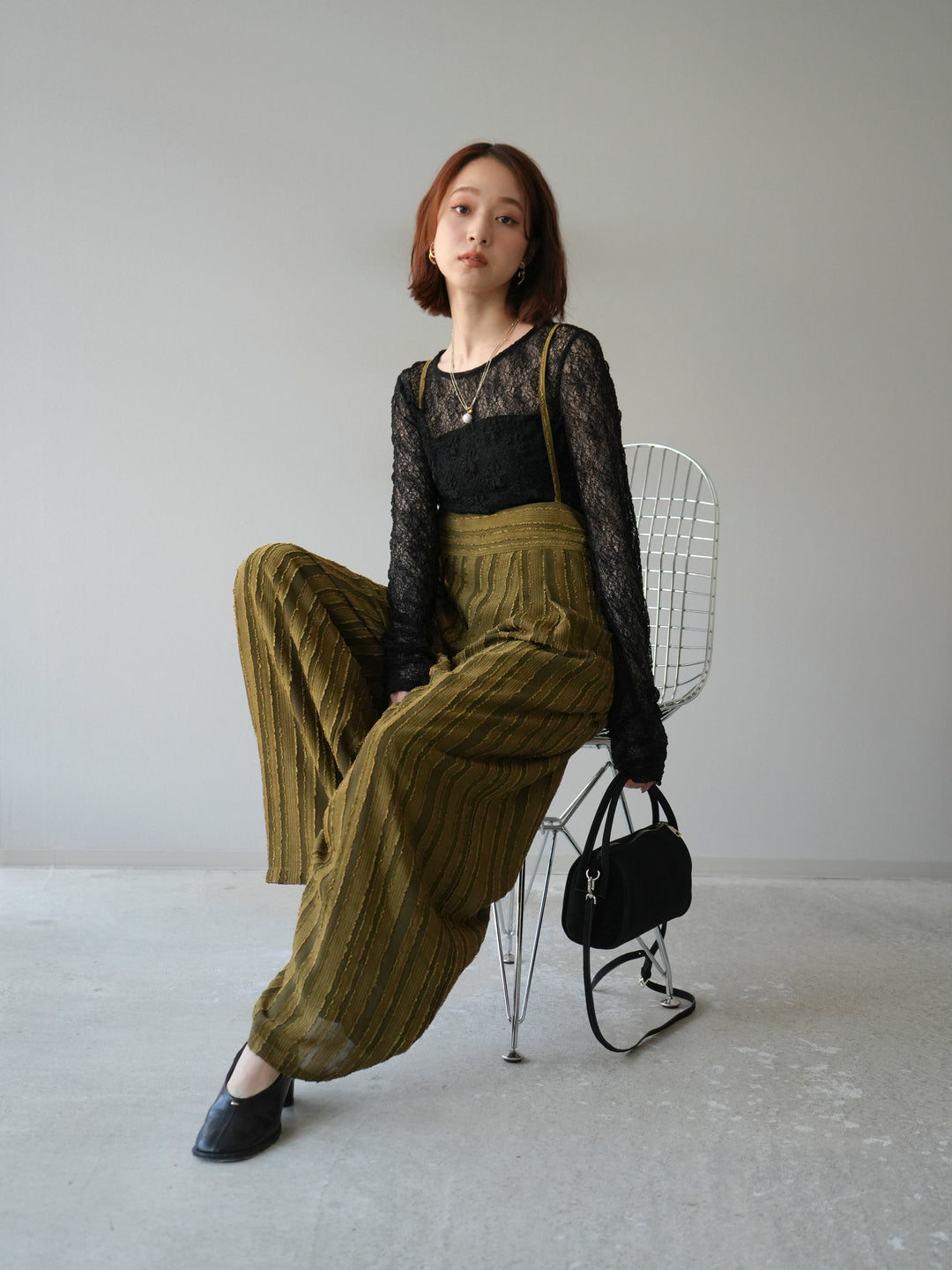 [予約]ジャガードストライプサロペット/カーキ