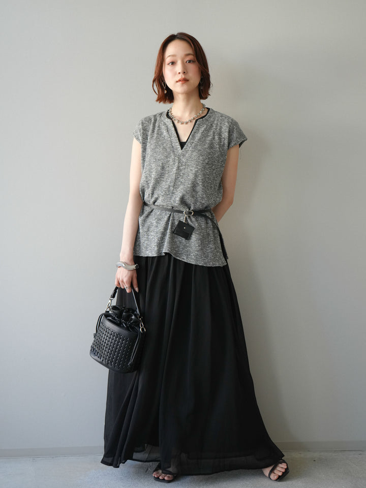 [予約]ベルト付シフォンコンビジャージワンピース/black