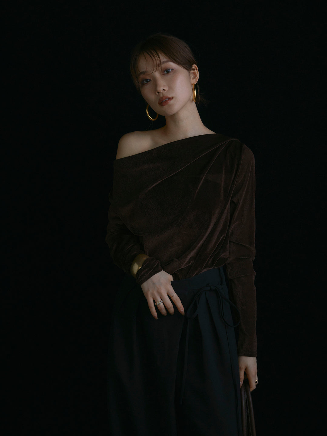 【Allure】[SET]シアーベロアタックデザイントップス+ラップデザインタックワイドパンツ(2set)