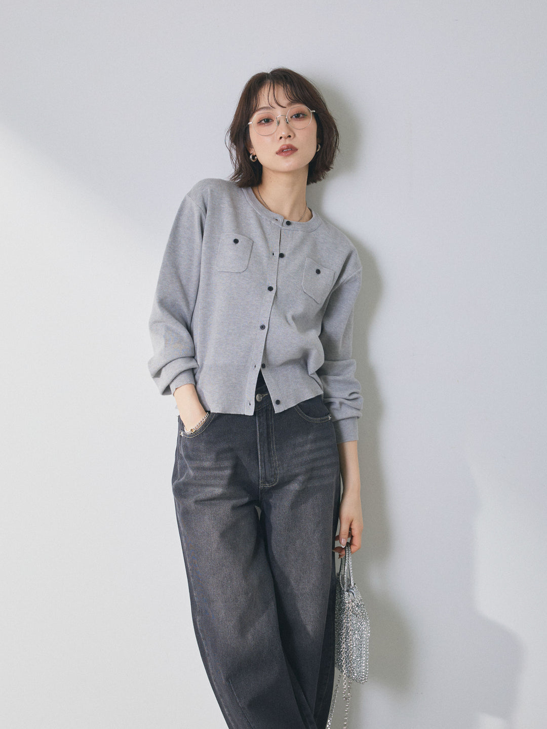 【Allure】[SET]ミニポケットニットカーディガン+アシメカーブデニムパンツ(2set)