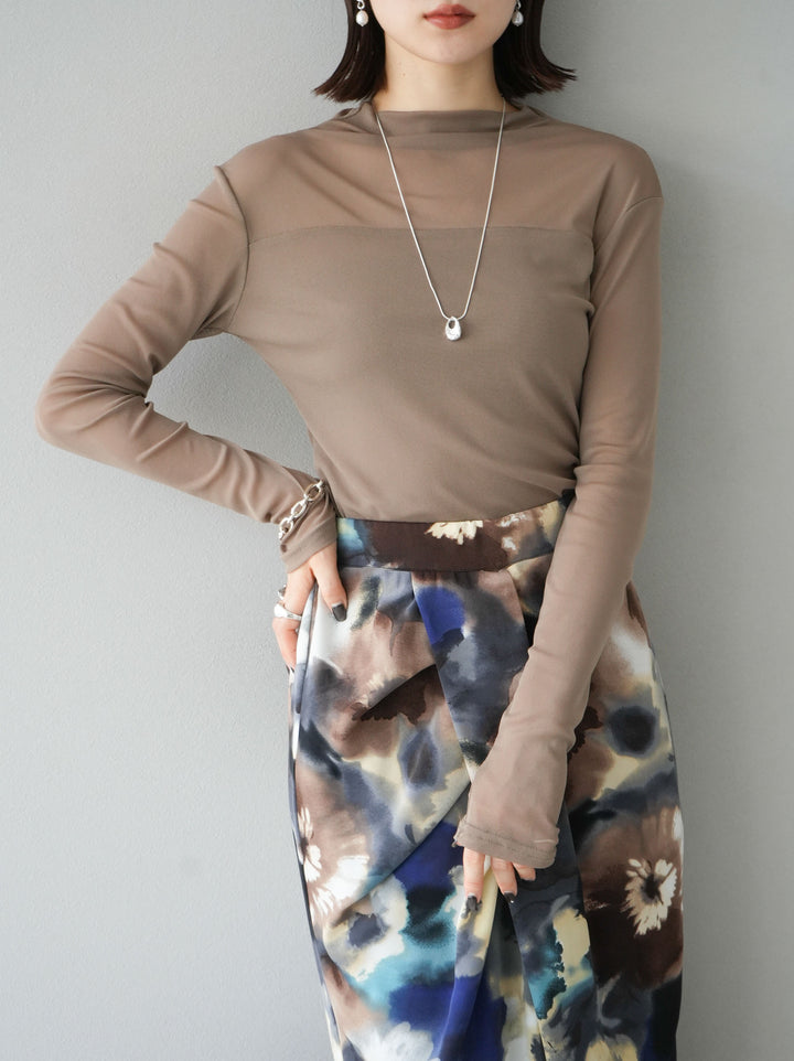 [SET]シアー切替ストレッチ長袖トップス+シアー切替ストレッチトップス(2set)