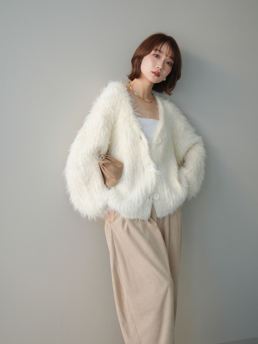 [予約]シャギーオーバーニットカーディガン/white